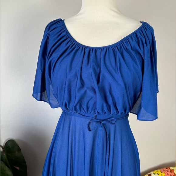 Vintage 70’s Young Edwardian Royal Blue Angel Sleeve Sheer Midi Dress - Picture 5 of 14